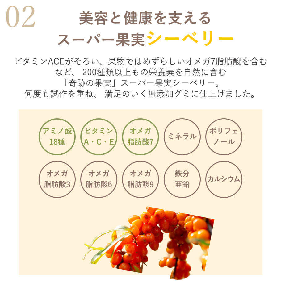 ビタミンやミネラルを含むスーパー果実シーベリー果汁使用 無添加グミ