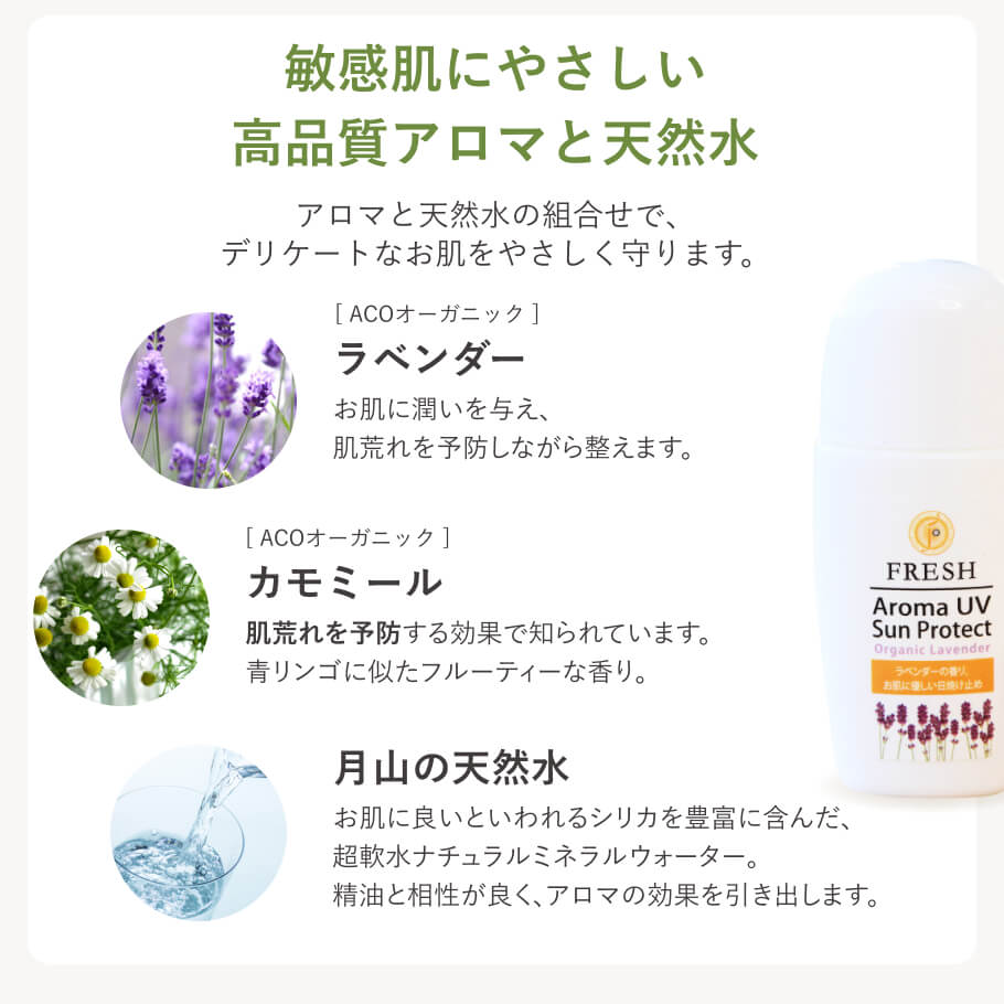 ラベンダーとカモミール配合の敏感肌用ノンケミカル日焼け止め FRESHアロマUVサンプロテクトラベンダー