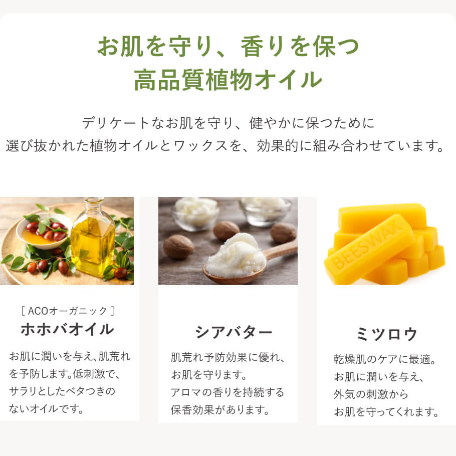 ユーカリアロマバームの植物成分 ホホバオイル シアバター ミツロウ