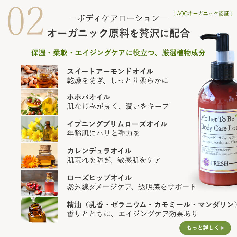 フレッシュ社ボディケアローション。オーガニック植物オイル配合