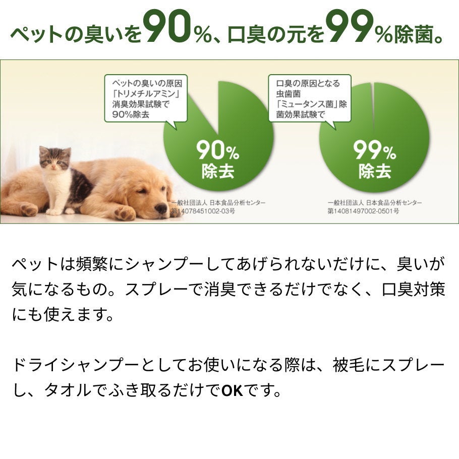ペットの臭いを90%口臭の元を99%除菌